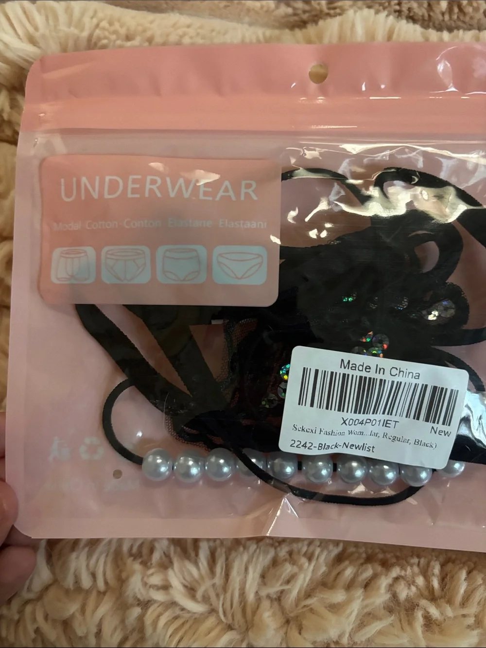 Black Sequin Butterfly Pearl Accent Thong - Women's Accessory